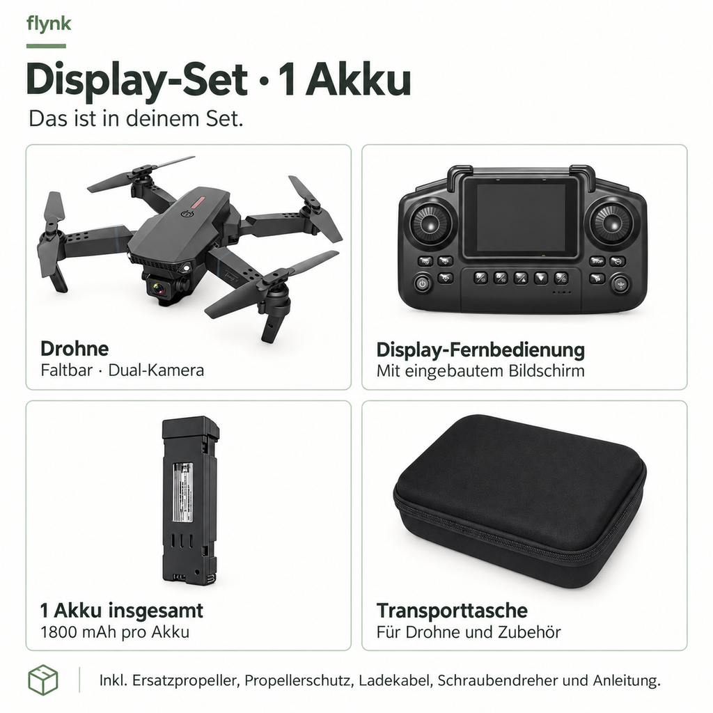 Display-Set · 1 Akku – Drohne, Display-Fernbedienung, 1 Akku insgesamt und Transporttasche