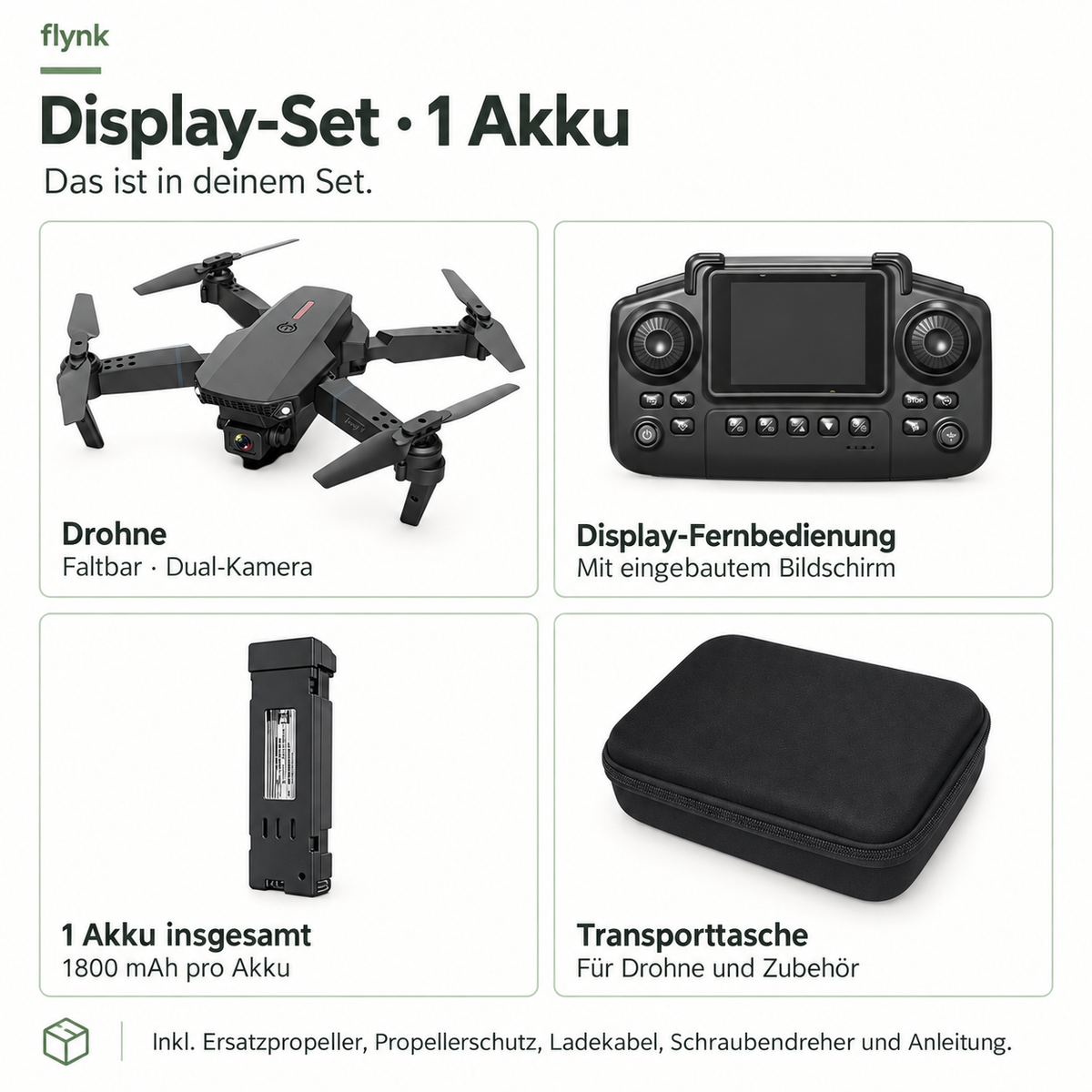 Display-Set · 1 Akku – Drohne, Display-Fernbedienung, 1 Akku insgesamt und Transporttasche