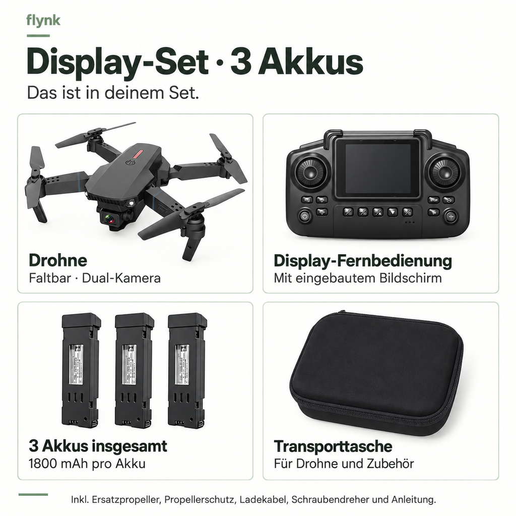 Display-Set · 3 Akkus – Drohne, Display-Fernbedienung, 3 Akkus insgesamt und Transporttasche