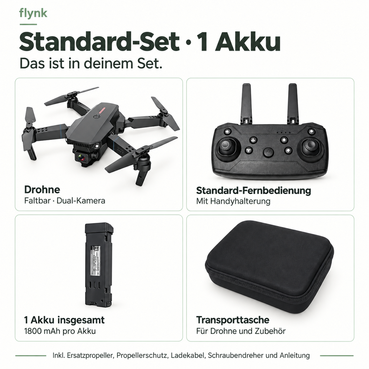 Standard-Set · 1 Akku – Drohne, Standard-Fernbedienung, 1 Akku insgesamt und Transporttasche