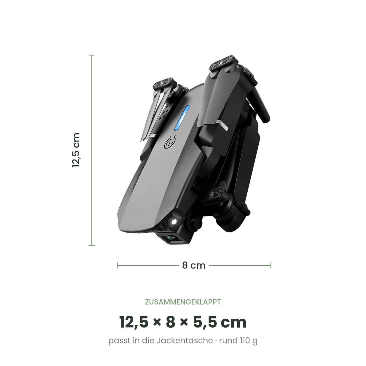 flynk V5 Max zusammengeklappt: 12,5 × 8 × 5,5 cm, rund 110 g